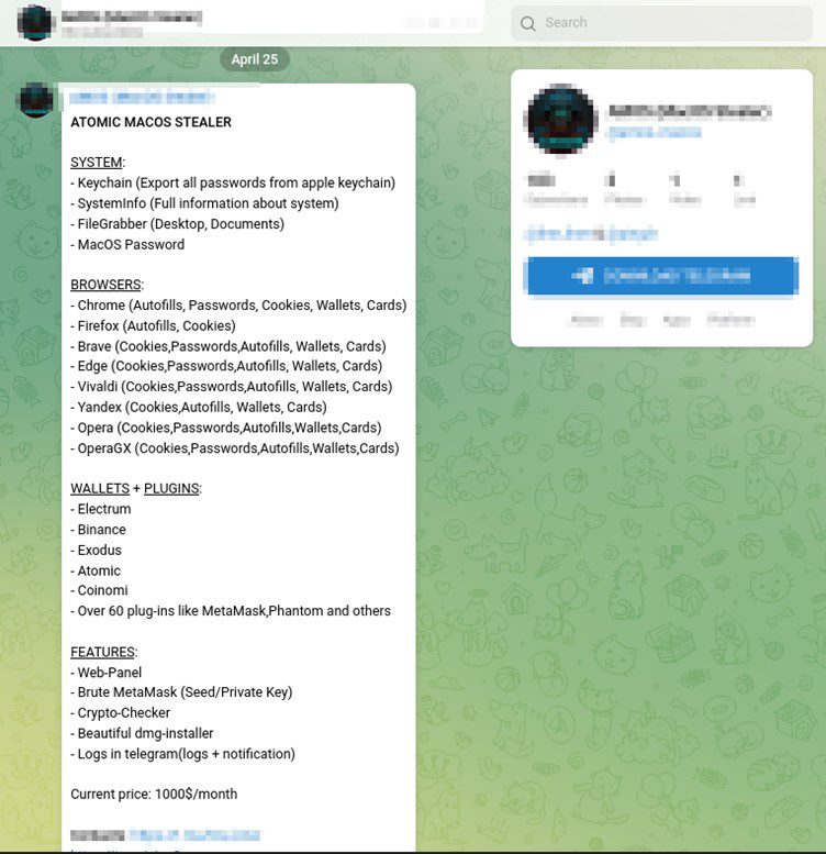 So oder so ähnlich wird die AMOS Malware über Telegram angeboten. Quelle: blog.cyble.com