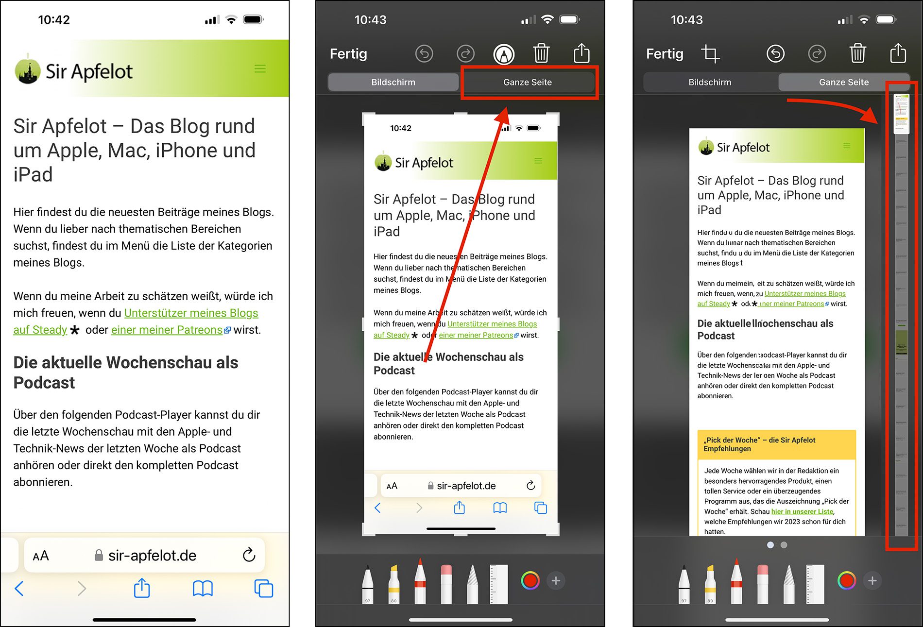 Links: die Webseite von der ein Screenshot erstellt werden soll / Mitte: Screenshot erstellt und Button oben antippen / Rechts: Komplette Webseite ist als Screenshot angelegt und rechts sieht man einen langen Scrollbalken