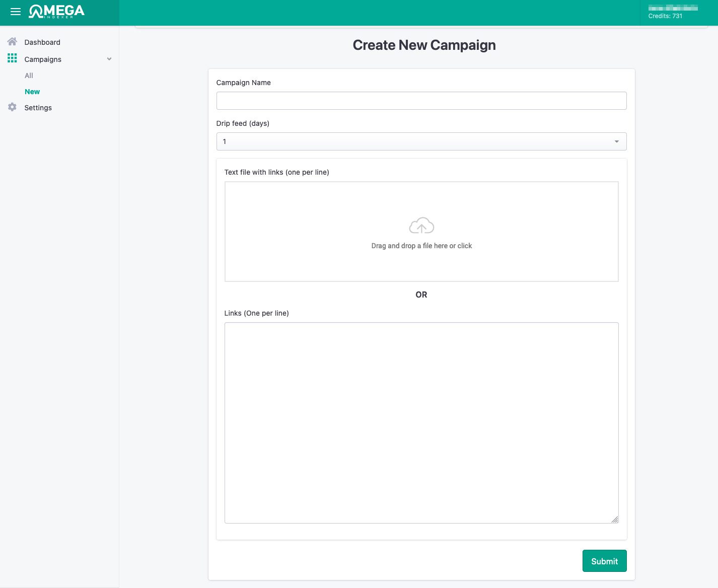 So sieht das Formular aus, über das man eine neue Kampagne in Omega-Indexer startet.