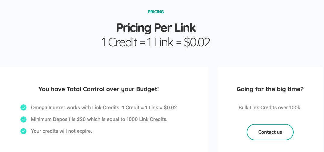 Hier sieht man die Kosten für Omega-Indexer. Das Abo kostet 20 USD im Monat und gibt 1000 Credits.