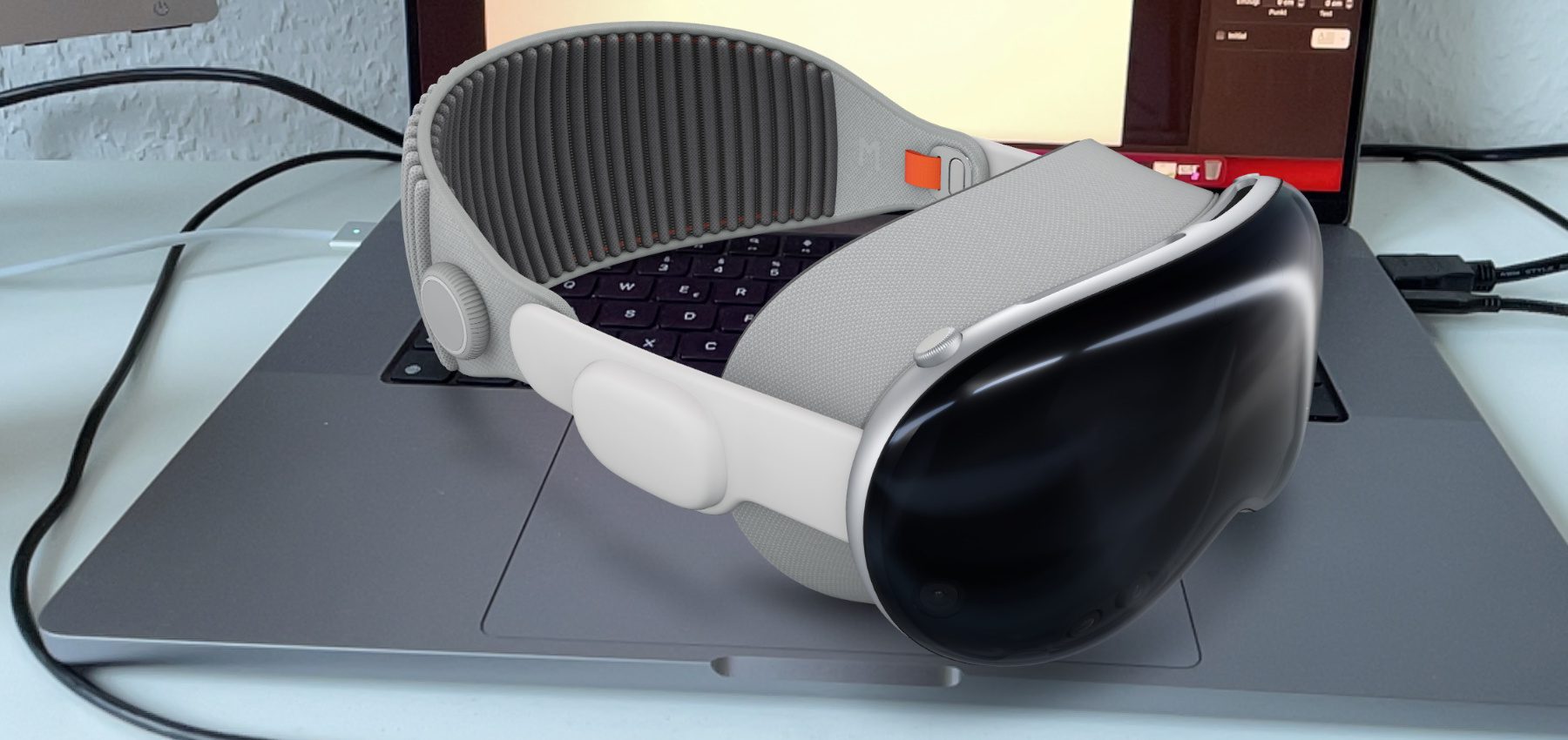 Will man die Apple Vision Pro Maße abschätzen, dann kann man es per Augmented Reality auf bekannten Objekte platzieren. Es passt z. B. auf die Grundfläche des 16 Zoll MacBook Pro von 2021.