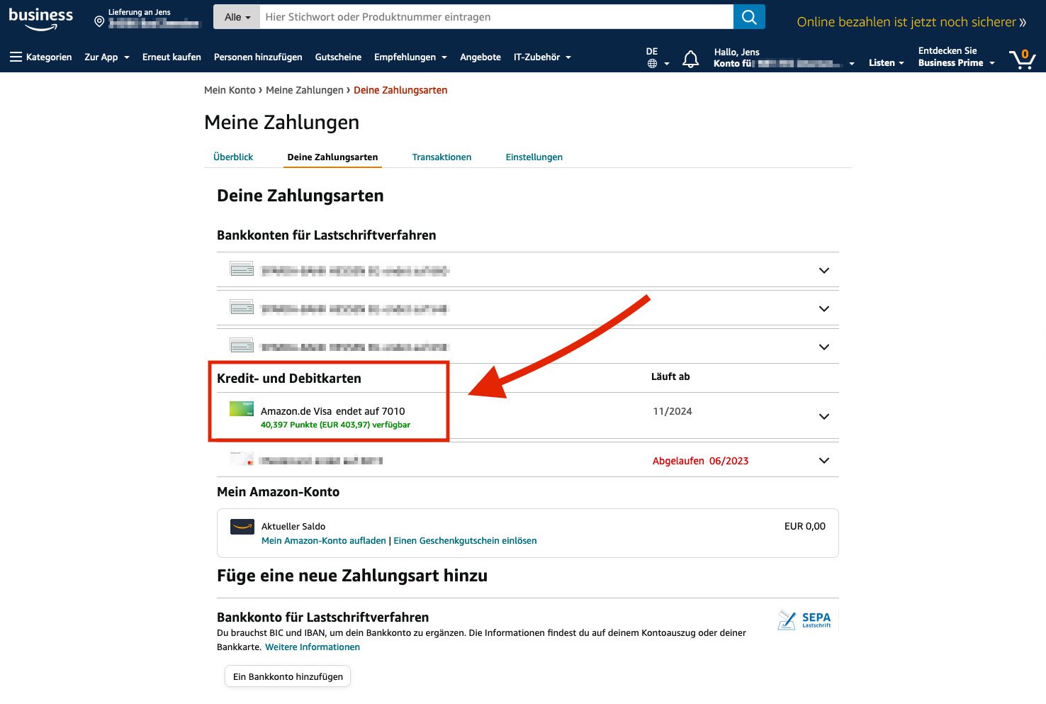 Hier in meinem Amazon-Konto sieht man meinen aktuellen Punktestand an Amazon-Punkten. Der Euro-Betrag wird auch direkt angezeigt, damit man nicht selbst umrechnen muss.
