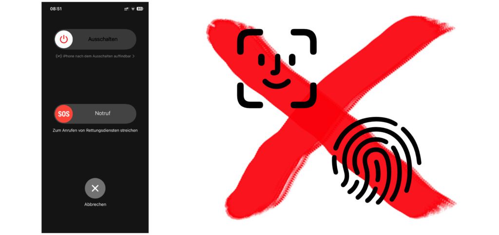 Der Ausschalten-Bildschirm am Apple iPhone bietet die Deaktivierung von Face ID und Touch ID. Wurde er aufgerufen und tippt man dann unten auf das eingekreiste X, wird beim nächsten Entsperren der achtstellige iPhone-Code verlangt.