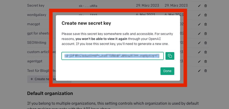 Hier sieht man den neuen API-Key, den ich unkenntlich gemacht habe.