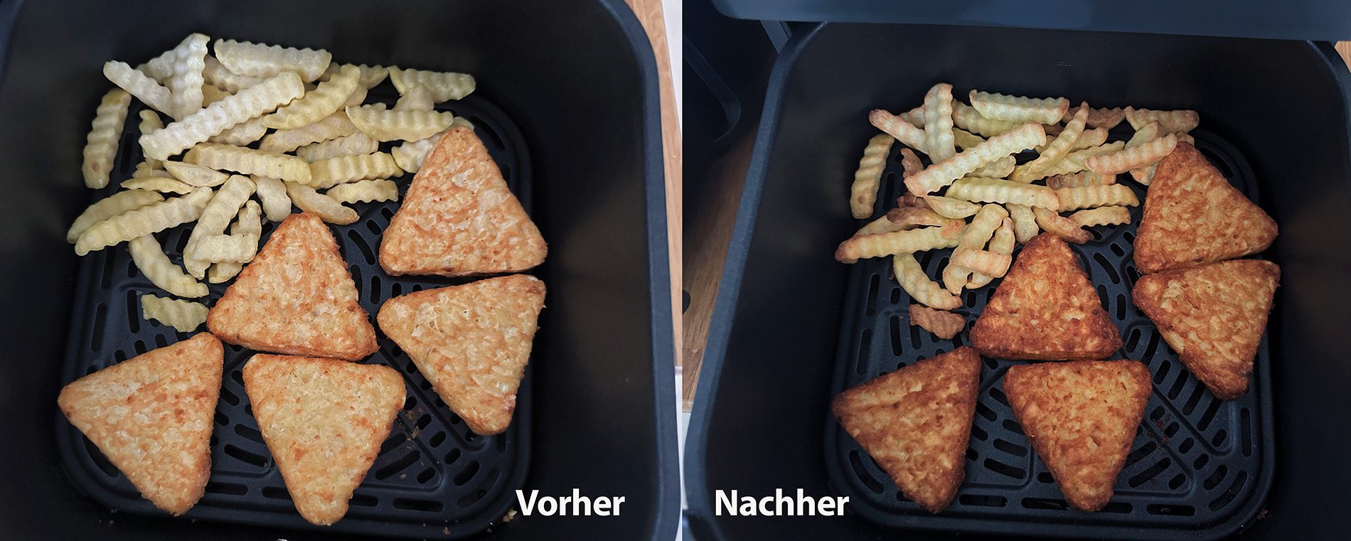 Die Pommes in der Cosori werden definitiv besser als in unserer anderen Heißluftfritteuse – aber leider kommt das auf dem Foto nicht wirklich raus.