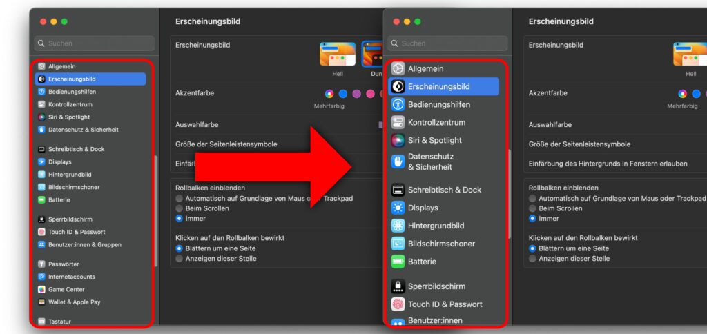 Wenn ihr in den Mac-Systemeinstellungen die Einstellungen für die Größe der Seitenleistensymbole anpasst, dann macht sich das direkt bemerkbar.