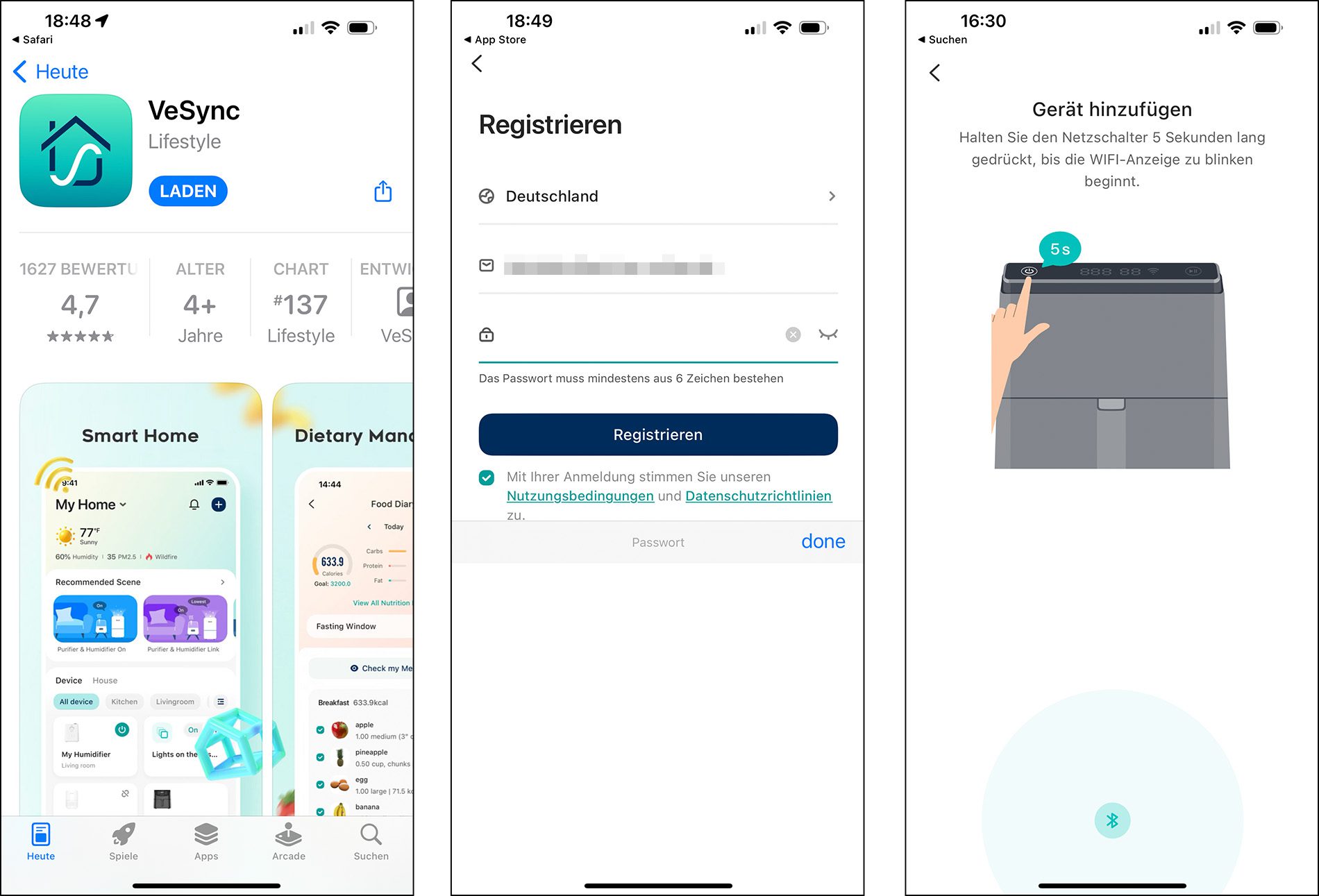 Die VeSync-App ist Steuerzentrale für verschiedene smarte Geräte, unter anderem auch die Cosori Heißluftfritteuse. Ich habe sie nicht weiter benutzt, da die Funktion stark eingeschränkt ist und ich keine "smarten" Funktionen benötige.