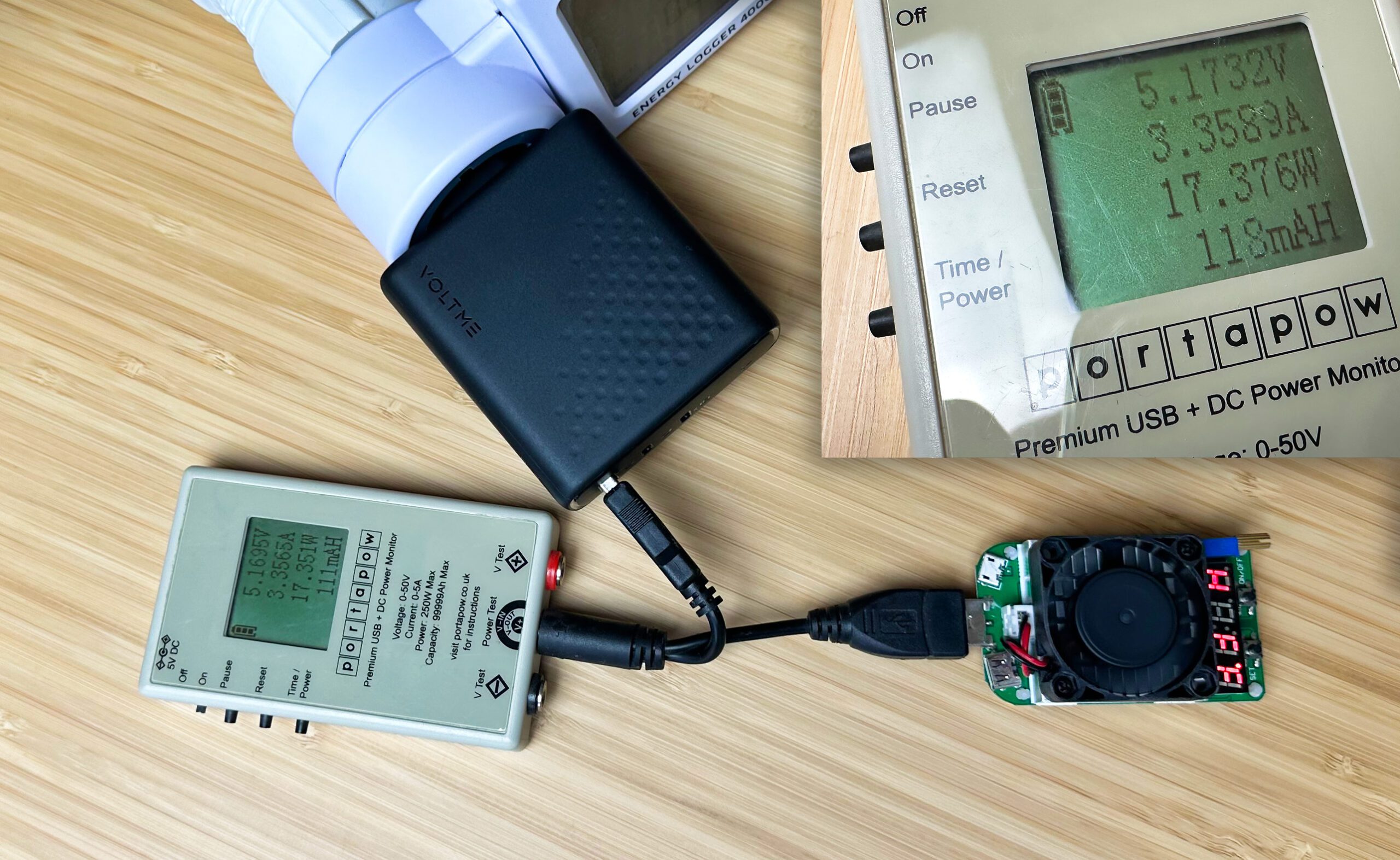 Den USB-A-Port habe ich mit meinem USB-Lastwiderstand getestet, der jedoch kein Quick Charge unterstützt. Aber selbst ohne Quick Charge kann der Port ca. 18 Watt liefern.