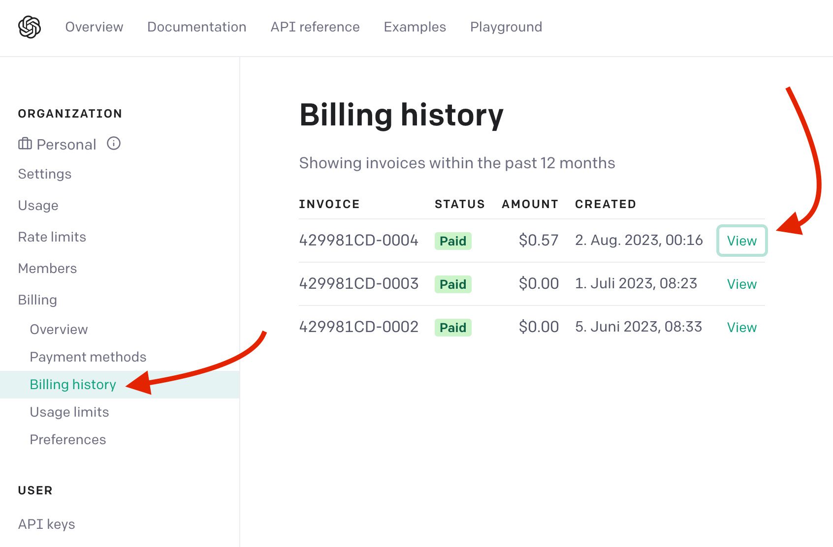 Die Rechnungen findet man bei OpenAI im eigenen Konto und dann in der "Billing History".