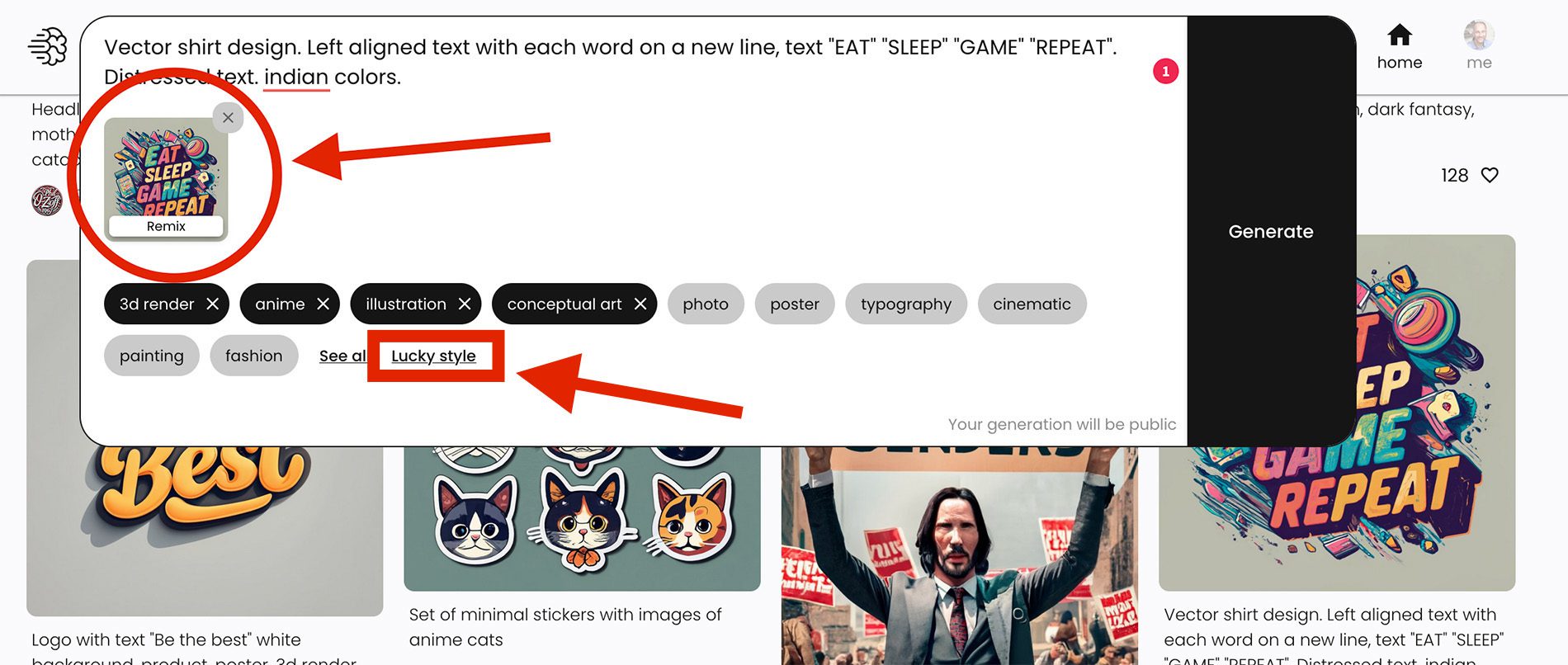 Links ist das Bild angezeigt, das man als Basis für den Remix nutzt und unten ist der "Lucky Style"-Button, der zufällig Stile zusammenwürfelt.
