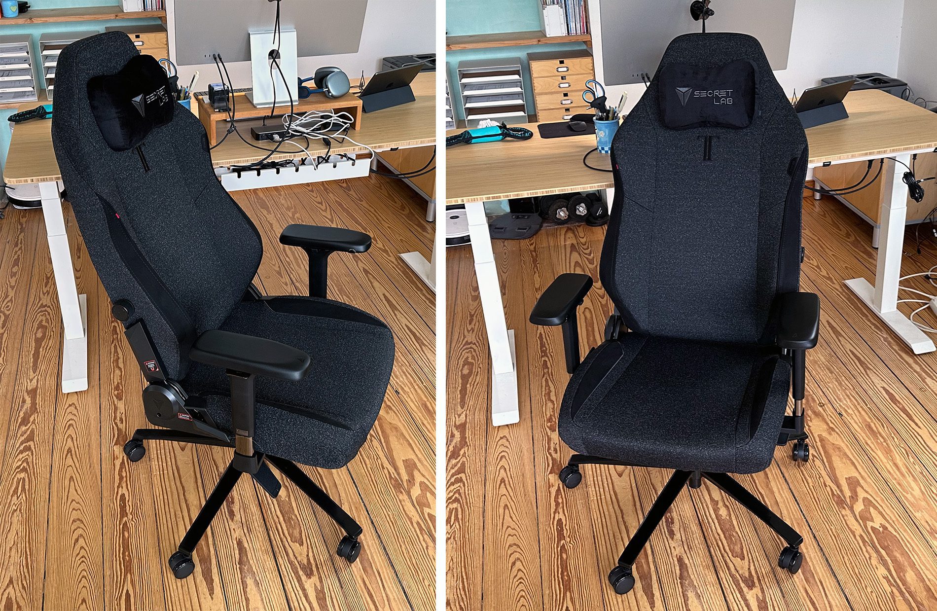 Der TITAN Evo einmal seitlich und einmal von vorne – hier kann man schön die Größe des Gamer-Stuhls erahnen.