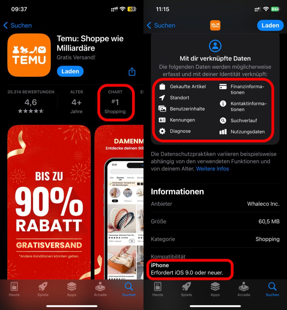 Die Temu App ist ab iOS 9 kompatibel und sammelt somit auf allen möglichen alten und neuen iPhones fleißig Daten. Es sind schon genug Leute auf das Marketingkonzept hereingefallen, um Temu auf Platz 1 der Download-Charts zu katapultieren.