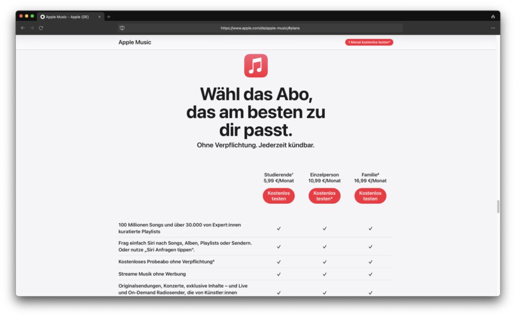 Das neue alte Abo-Angebot für Apple Music auf der entsprechenden Unterseite von Apple.com (Stand: 2. November 2023).