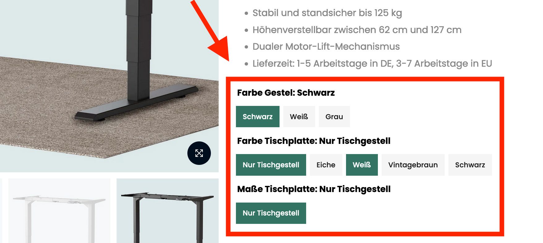 Wer nicht das Komplettset des S2 Pro Plus, sondern nur das Tischgestell T2 Pro Plus bestellen möchte, kann auf der Seite immer noch eine Tischplatte und andere Dinge hinzufügen.
