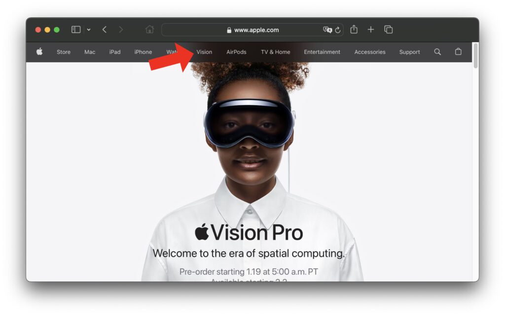 Apple listet seine neue Gerätekategorie der Spatial Computer als "Vision". Das deutet darauf hin, dass es neben dem Pro-Modell in absehbarer Zeit auch ein Standard-Modell ohne Namenszusatz geben wird.