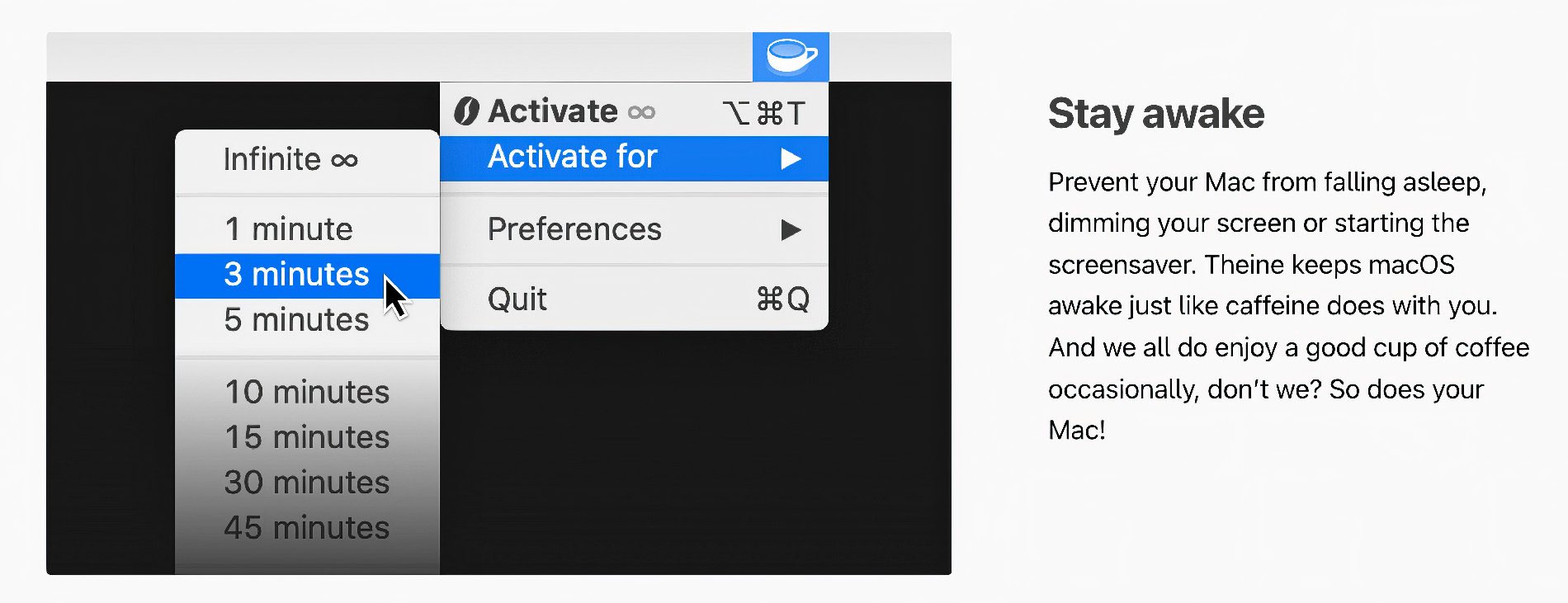 Die App Theine ist eine Empfehlung, wenn man den Ruhezustand software-technisch kurzfristig verhindern möchte.