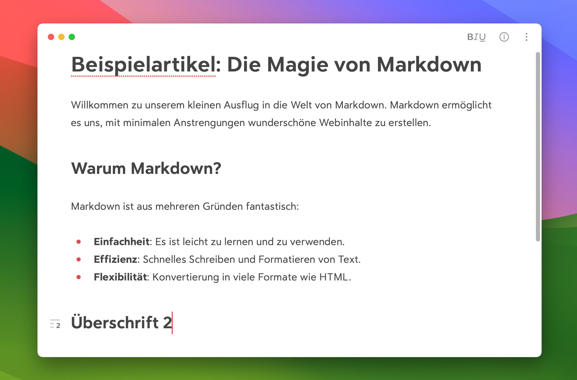 Ein kleiner Beispielartikel mit Markdown, das Bear sofort in Formatierung anzeigt.