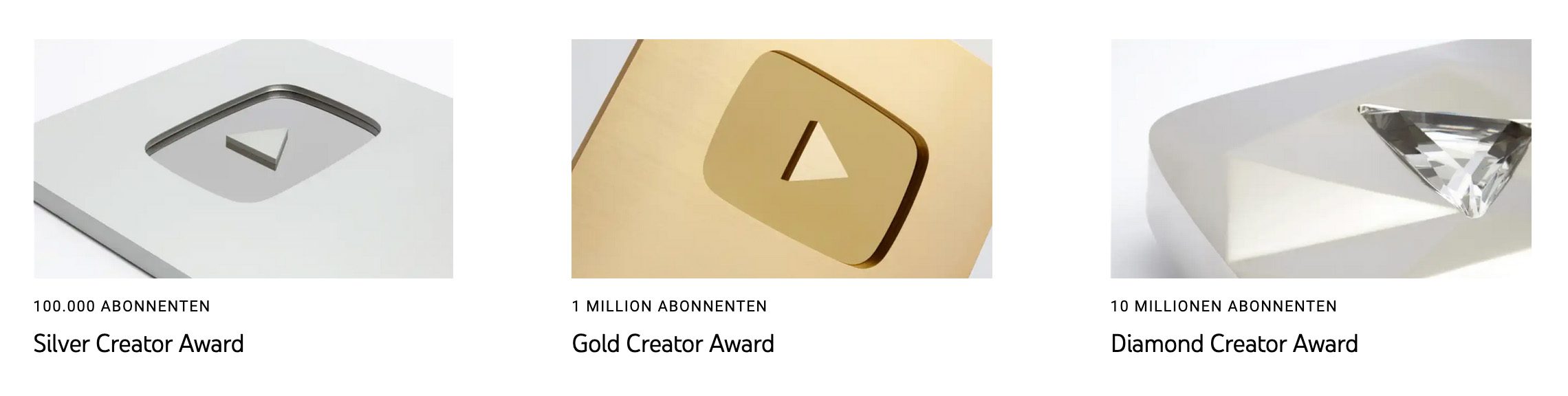 Hier sieht man die ersten drei YouTube-Awards, die man sich als Creator holen kann.