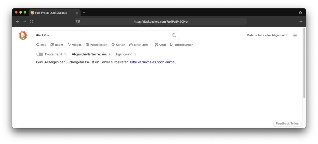 DuckDuckGo down: Die Suchmaschine zeigt keine Ergebnisse an.