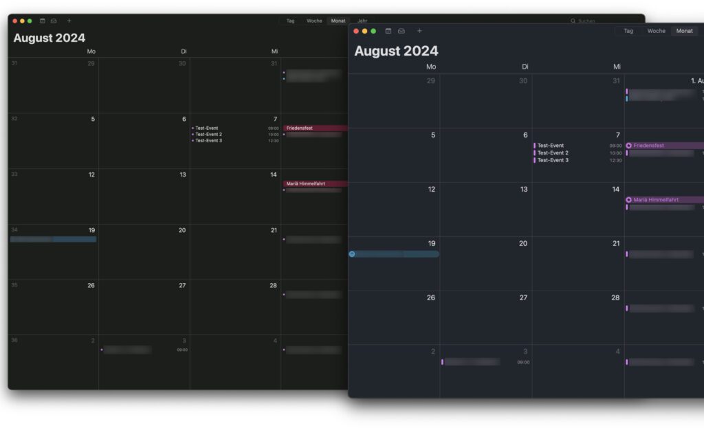 Die Monat-Ansicht im Mac Kalender – Sonoma links und Sequoia rechts.