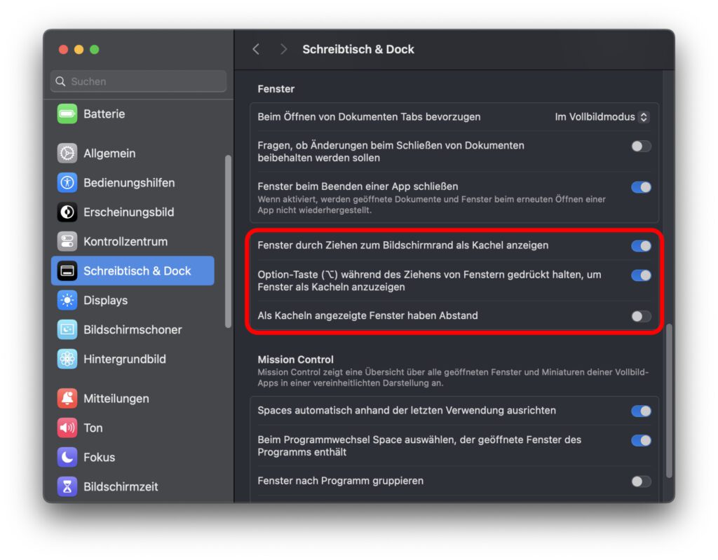 Für die macOS Sequoia Fenster-Kacheln gibt es einen neuen Bereich in den Systemeinstellungen.