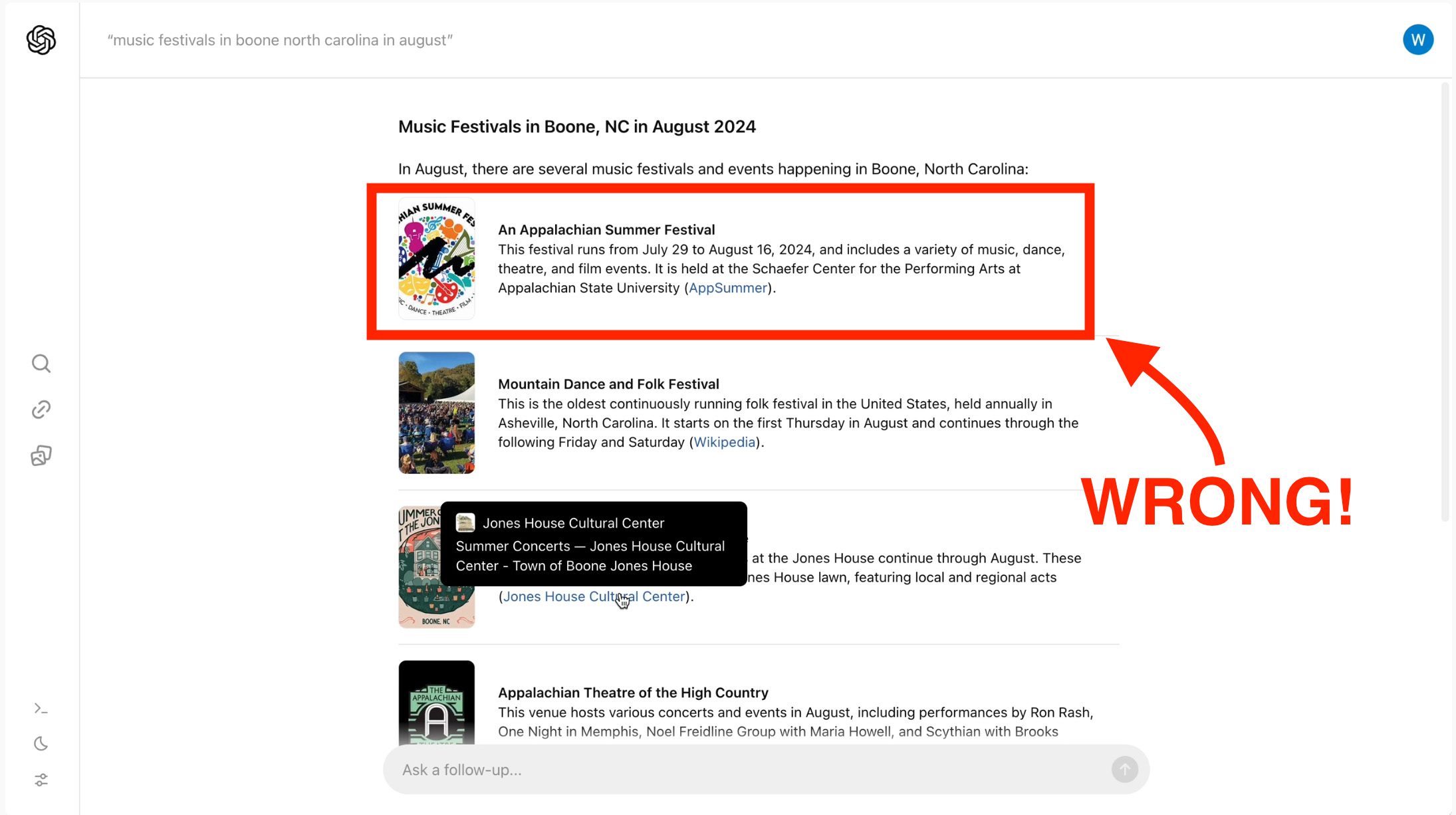 Hier sieht man den Screenshot aus dem Demovideo von OpenAI. Das markierte Festival lief tatsächlich nur vom 29.6. bis zum 27.7.2024. SearchGPT hat sich die Zeiten rausgesucht, in denen die Festivalkassen geschlossen sind.