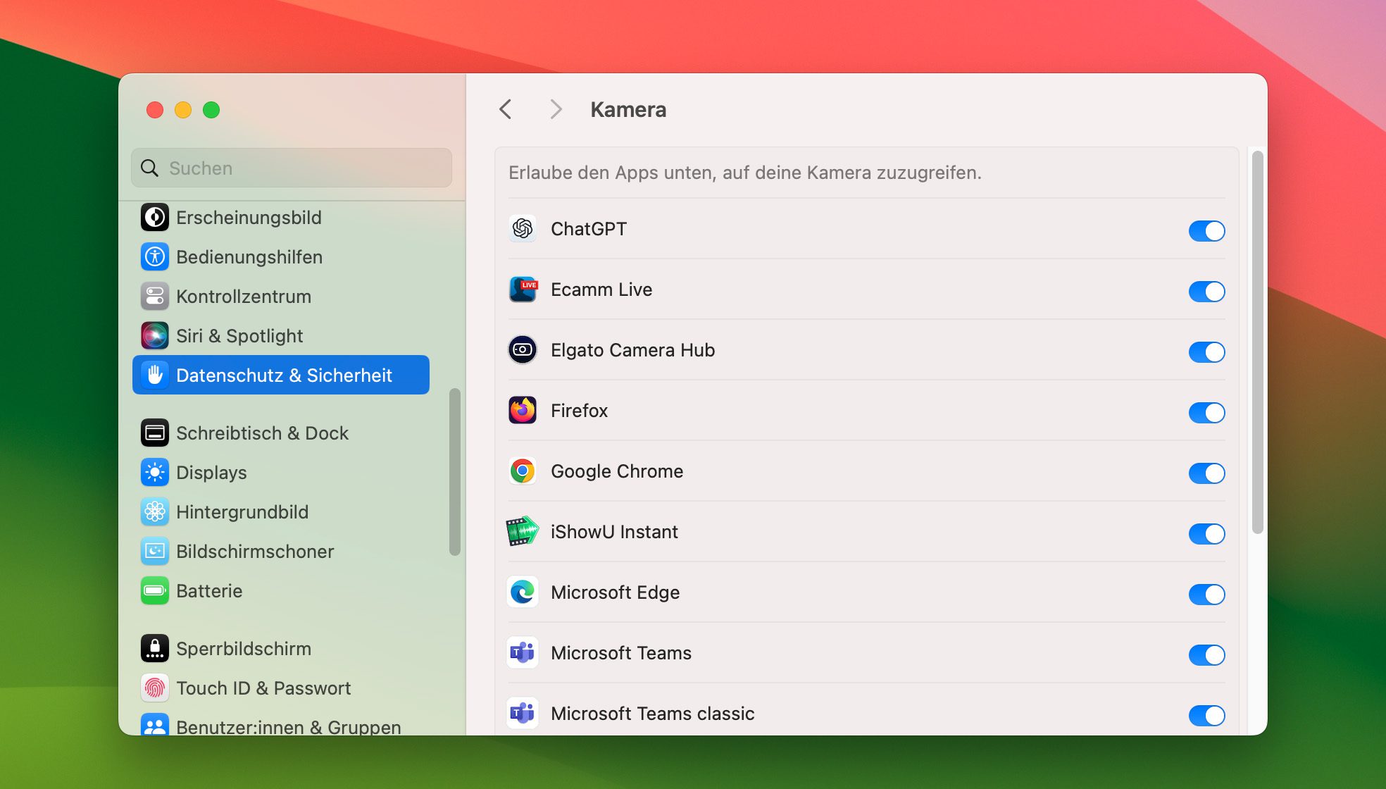 Anzeige der Zugriffsrechte auf die Kamera unter macOS