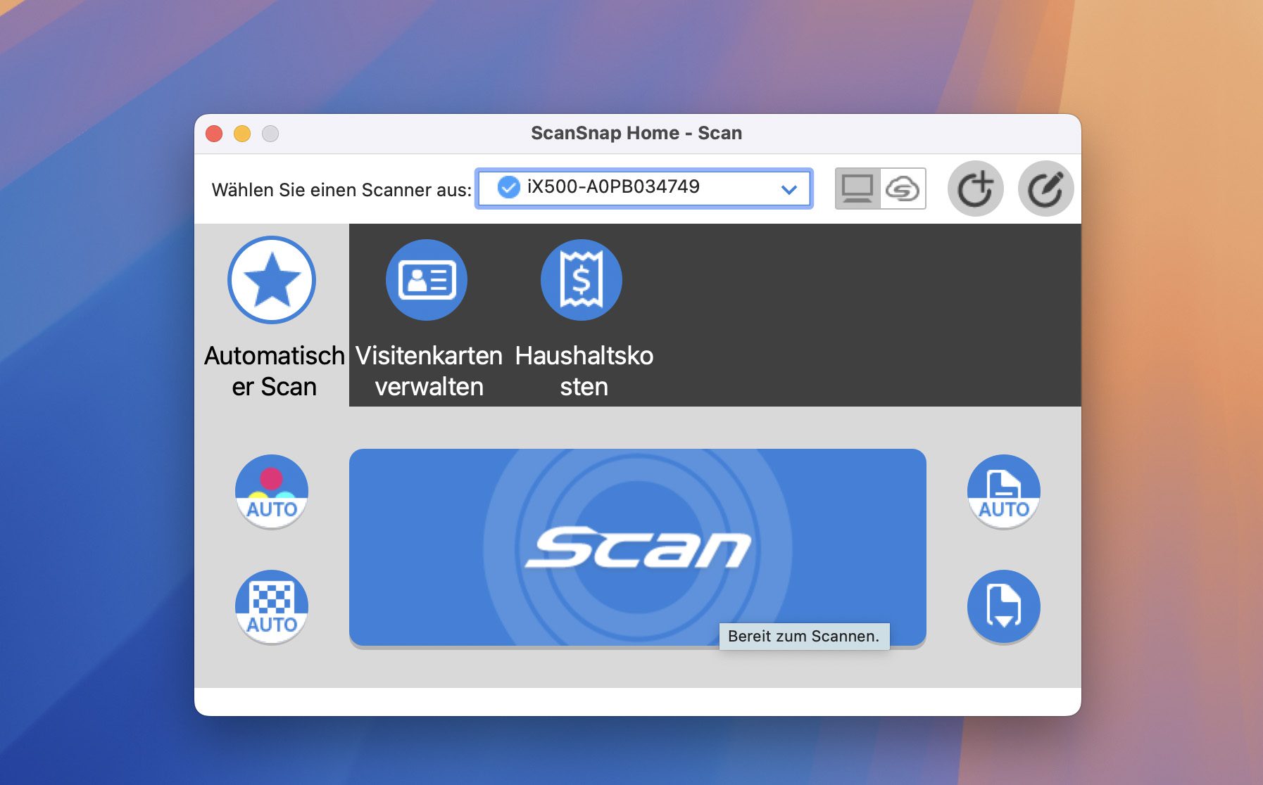 Screenshot der ScanSnap Home Software am Mac unter macOS Sequoia