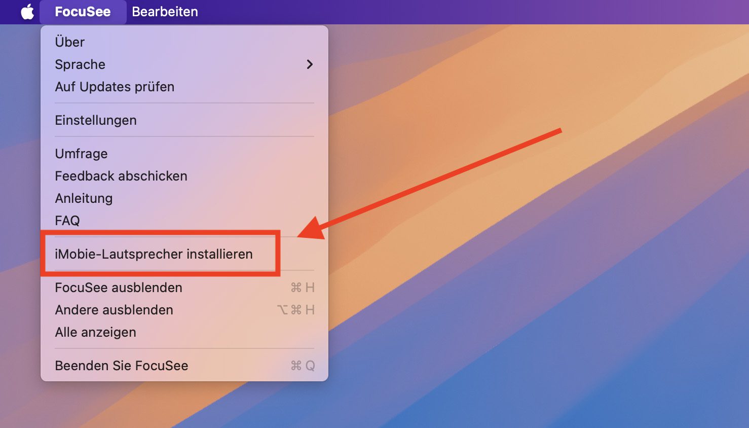 Menü der App Focusee zeigt Eintrag zur Installation eines Audio-Treibers