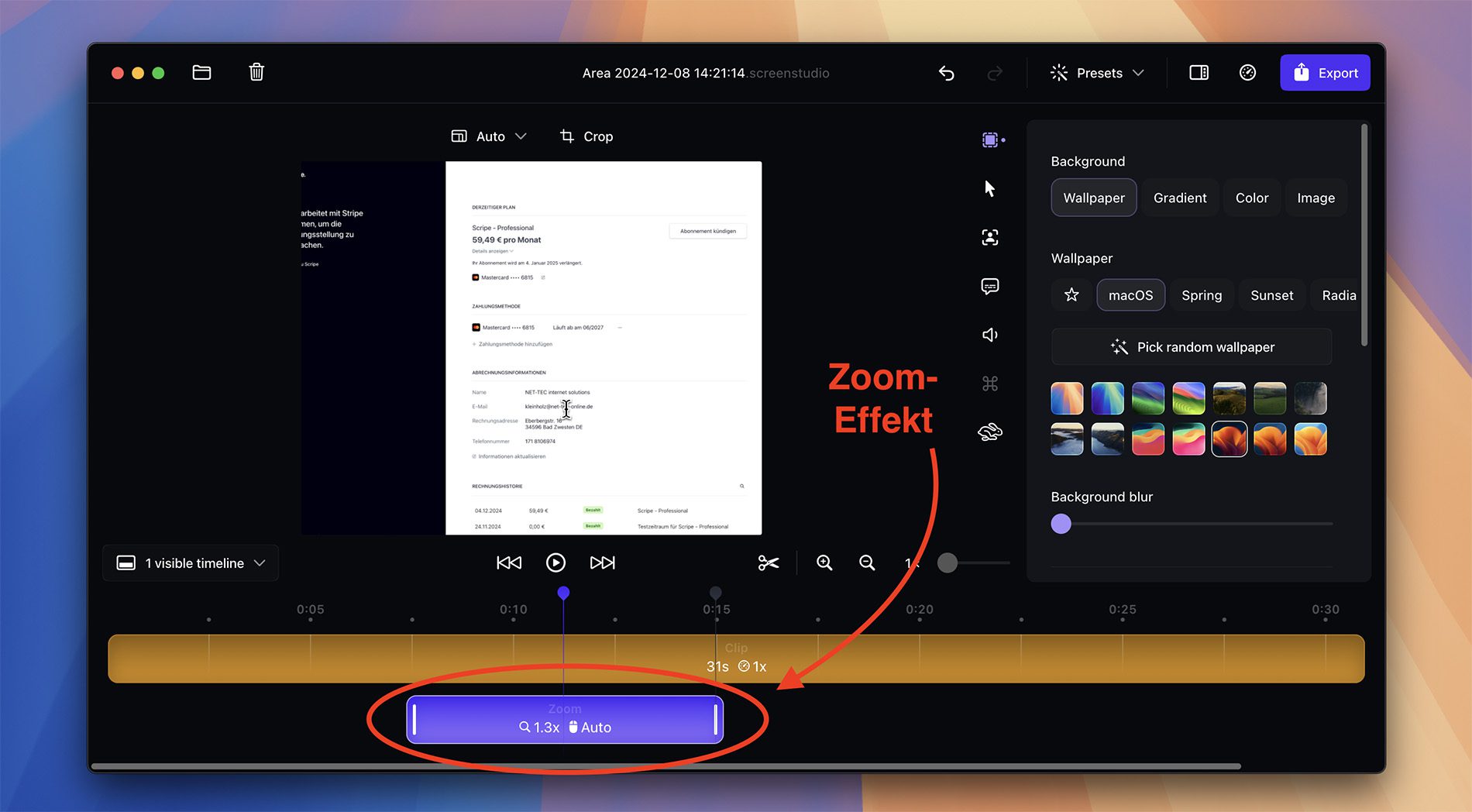 Screenshot des Programms Screen Studio am Mac