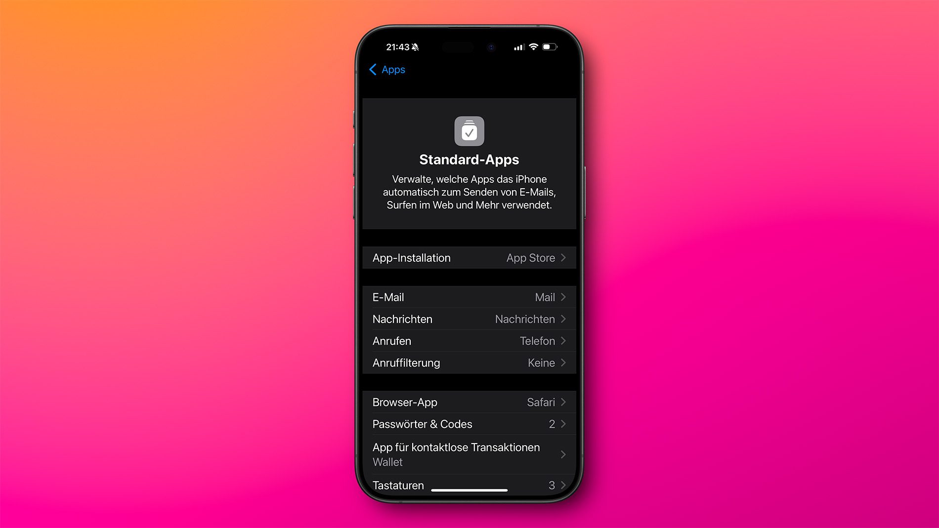 Einstellungen am iPhone in denen man Standard-Apps festlegen kann
