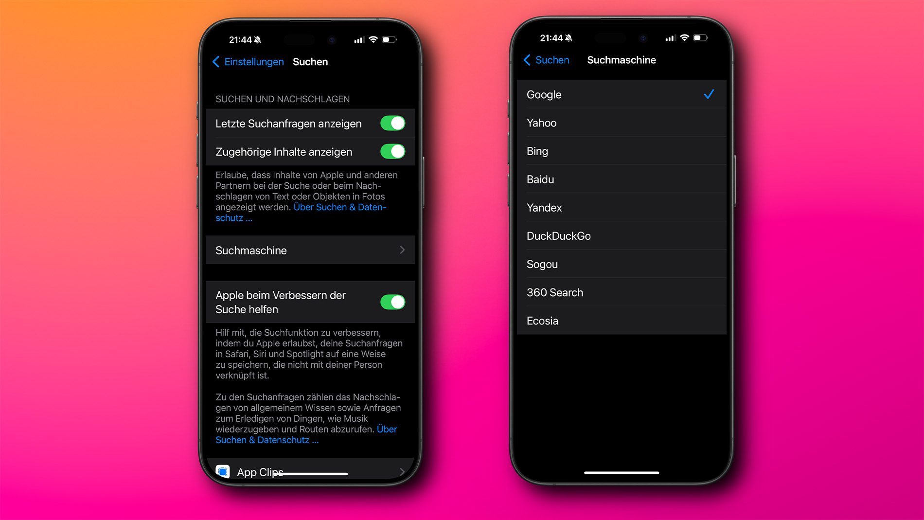 iPhone Screenshots die zeigen, wie man die Standard-Suchmaschine in iOS 18.2 ändern kann