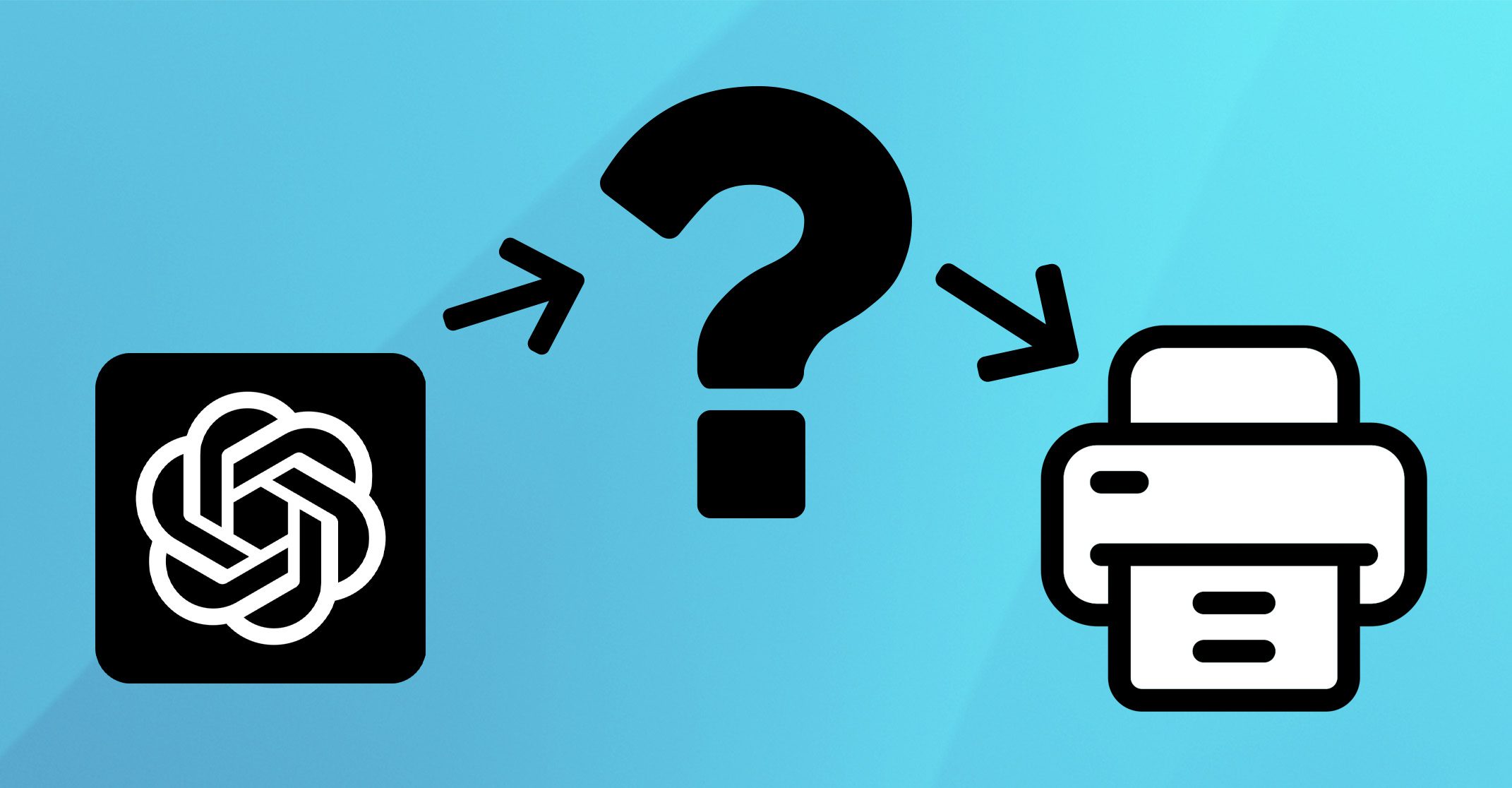 Icon von ChatGPT, das auf ein Fragezeichen zeigt, das wiederum auf ein Drucker-Icon zeigt