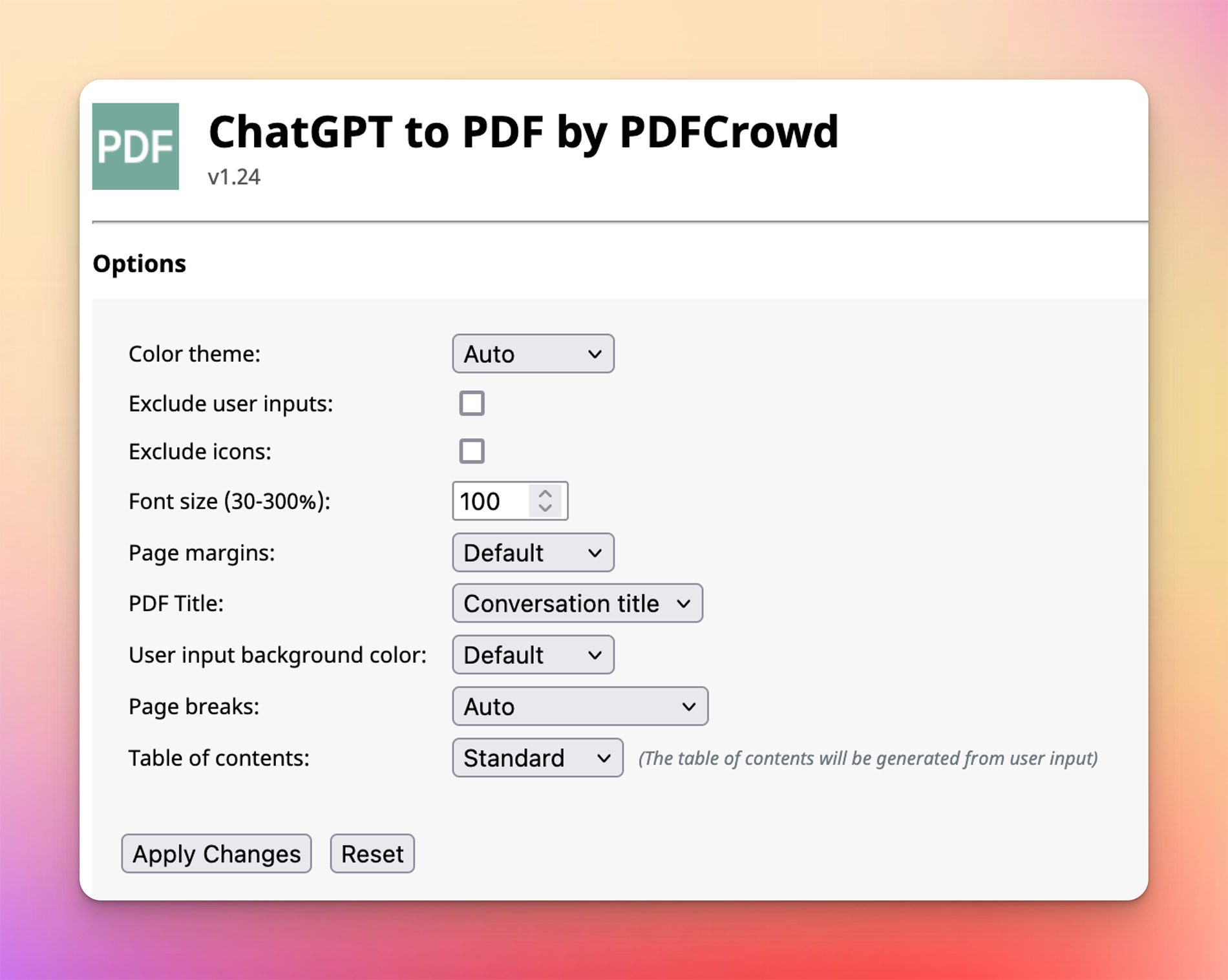 Einstellungen des Plugins ChatGPT to PDF von PDF Crowd