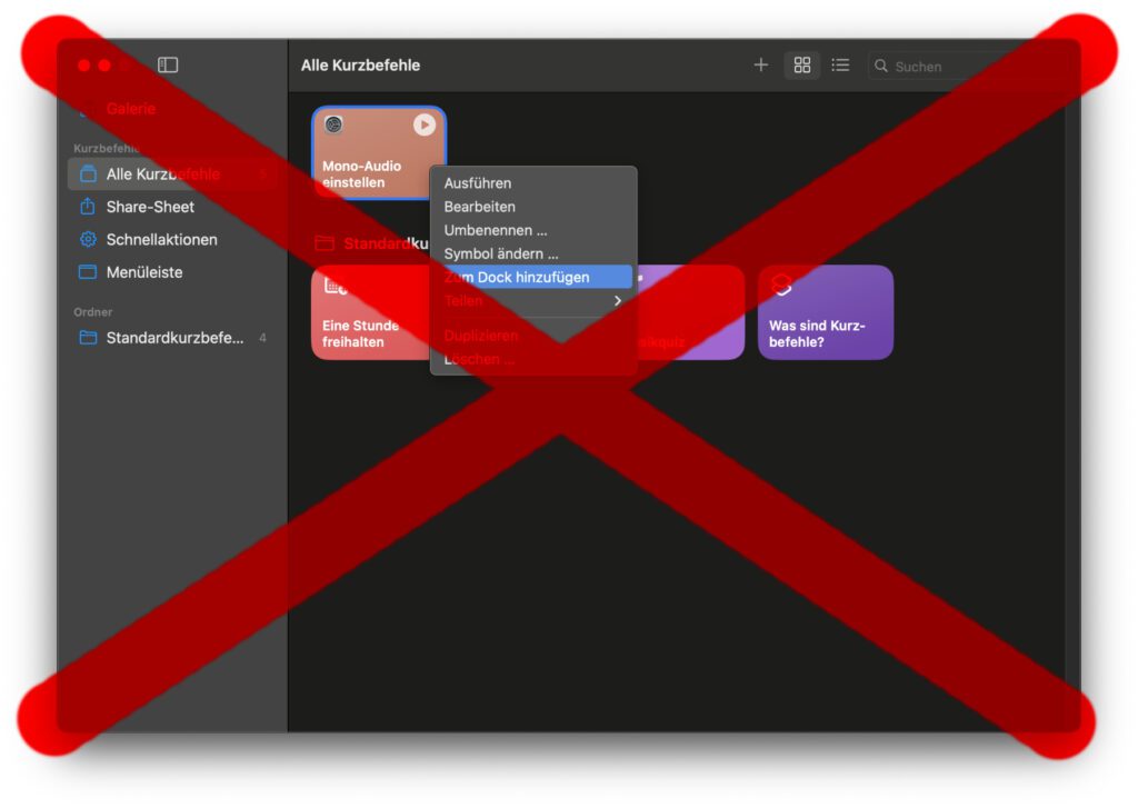 Mono-Audio einstellen – dieser Kurzbefehl kann zwar die Mono-Wiedergabe aktivieren, aber ein nochmaliges Anklicken deaktiviert die Änderung nicht.