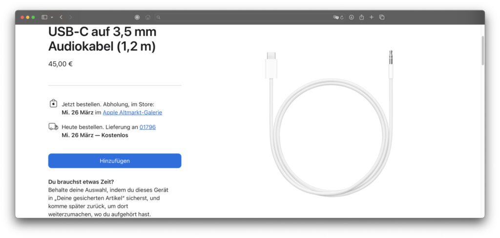 Mit diesem 45-Euro-Kabel sollen die AirPods Max auch an Audioausgängen mit 3,5 mm Klinke-Anschluss funktionieren. Ob auch Drittanbieter-Adapter funktionieren werden, wird sich zeigen müssen.