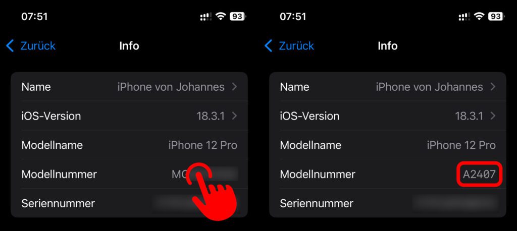 Die iPhone Modellnummer in den iOS-Einstellungen aufrufen. Durch das Antippen der Teilenummer wird die A-Bezeichnung abgerufen.