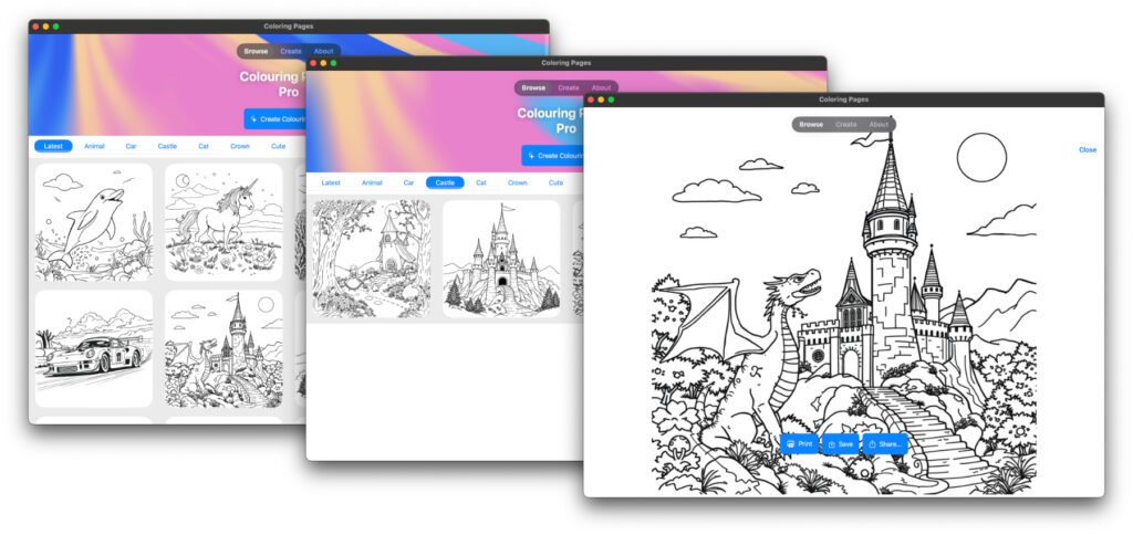 Nach dem Öffnen der App werden verschiedene vorgefertigte Malbilder präsentiert. Diese können in Kategorien entdeckt werden und lassen sich speichern sowie ausdrucken.