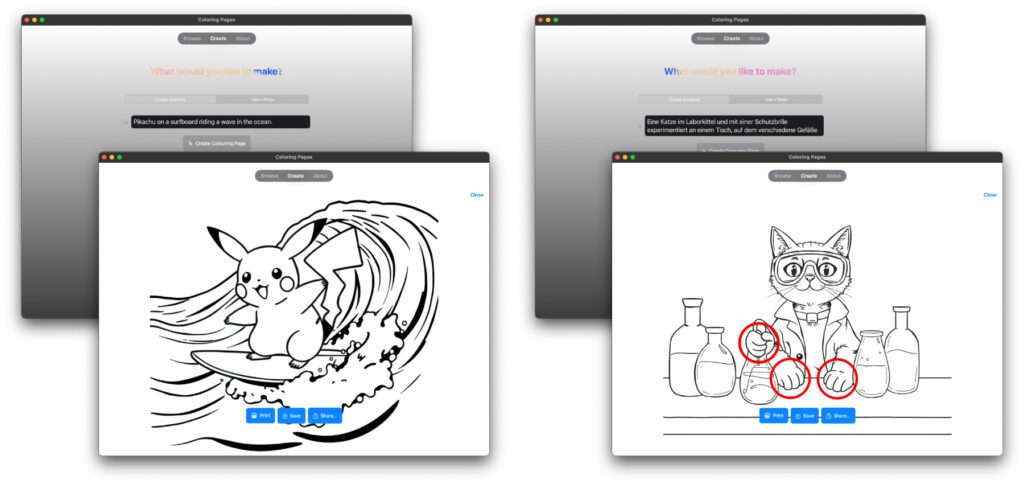Mein Katzen-Professor hatte leider drei Hände verpasst bekommen. Das Bild zeigt aber, dass in der App auch KI-Textprompts auf Deutsch möglich sind.