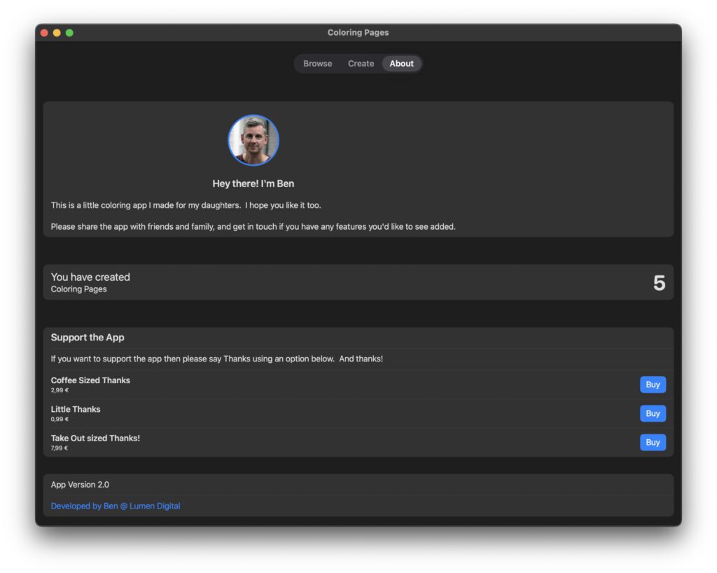 Die Monetarisierung der Coloring Pages Pro App läuft aktuell noch auf Trinkgeld-Basis. Diese könnte aber um ein Credit-System oder ein Abo erweitert werden.