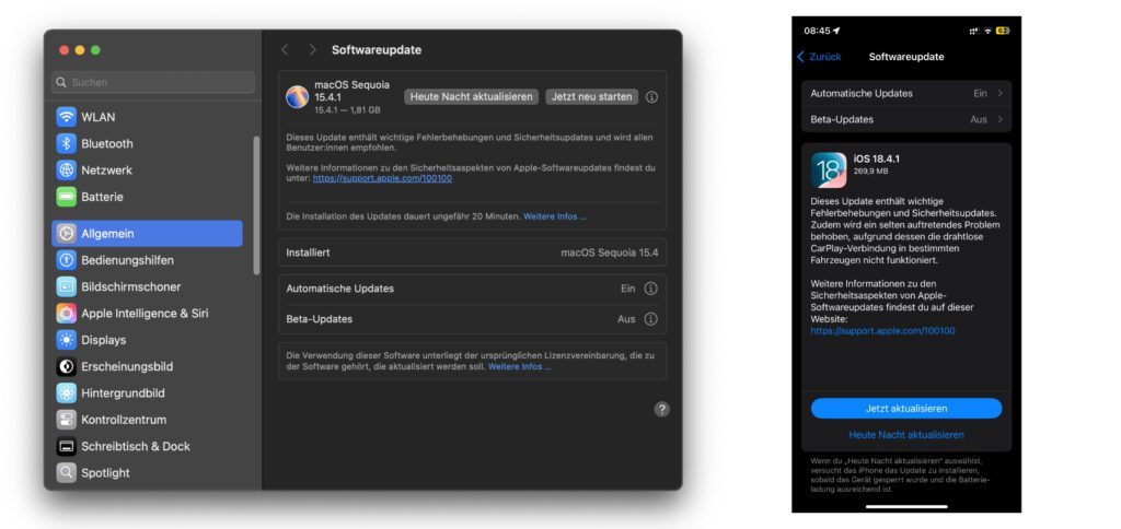 Auf dem Mac steht macOS 15.4.1 bereits, auf dem iPhone iOS 18.4.1. Auch für das iPad, den Apple TV und die Vision Pro gibt es ein neues Betriebssystem-Update.