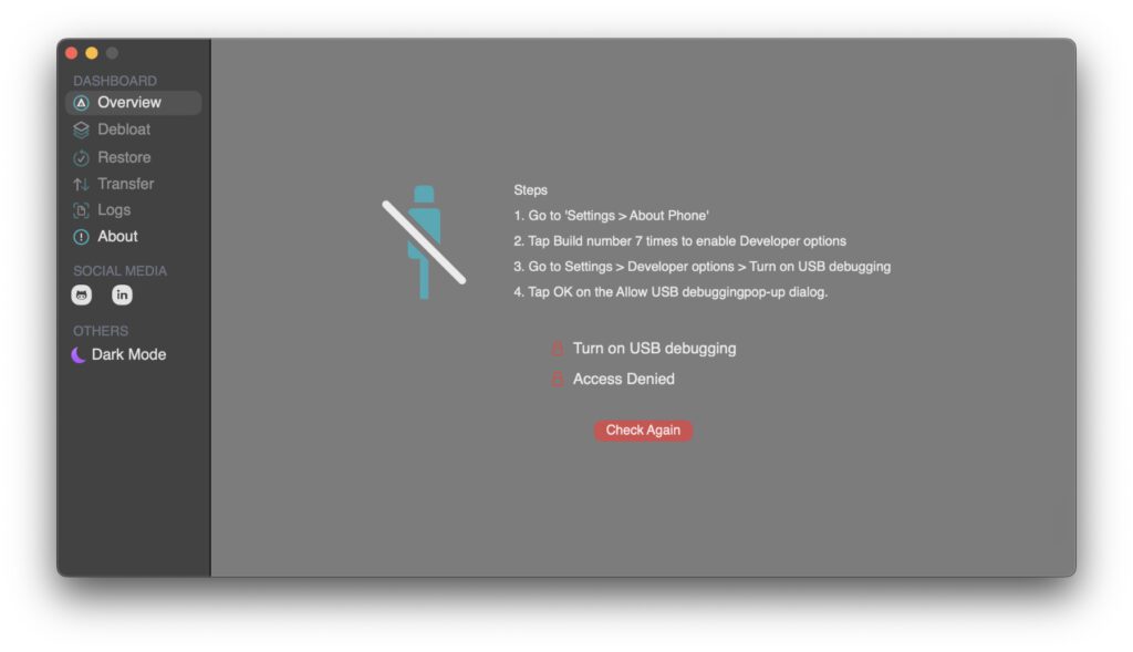 In den Geräte-Informationen tippt man siebenmal auf die Android-Buildnumber. Damit aktiviert man die Developer-Optionen, über die man das USB Debugging einschalten kann. Anschließend lässt sich das Handy am Mac verwalten.