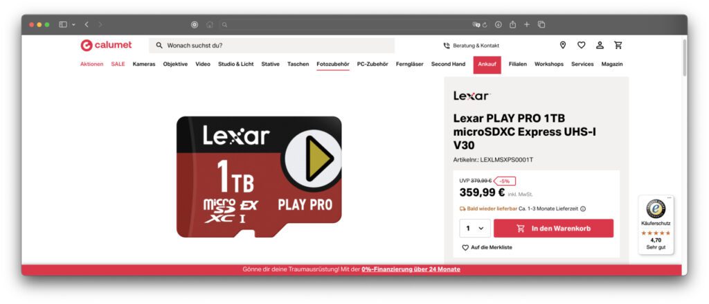 Eine Lexar PLAY PRO als Beispiel für eine microSD mit SD Express Standard. Bereits die 1 TB Größe kostet mehrere hundert Euro.