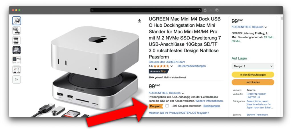 Dank des 20-Euro-Coupons lässt sich der aktuelle Mac mini relativ günstig mit einer umfangreichen USB-C-Dockingstation aufrüsten.