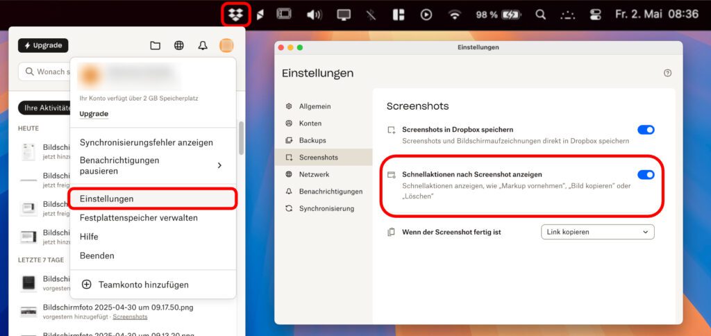 Das Feature lässt sich in den Einstellungen der Dropbox App für Mac ein- und ausschalten.