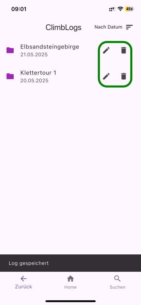 Stift-Symbol: Eintrag bearbeiten; Mülleimer-Symbol: Eintrag löschen