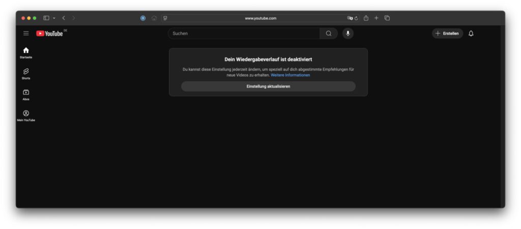 So sieht meine YouTube-Startseite aus. Den Hinweis auf den Wiedergabeverlauf könnte ich in Safari als "ablenkendes Objekt" entfernen. Dann wäre die Seite noch leerer.
