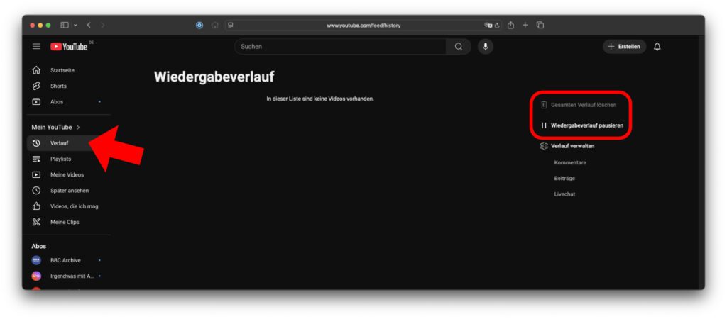 Das Leeren der YouTube-Startseite wird nur wenige Klicks von ihr entfernt ermöglicht: Einfach den Verlauf leeren und ein erneutes Anlegen unterbinden.
