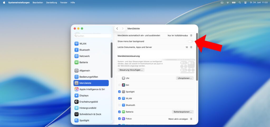 Die Option ist deaktiviert und die Menüleiste hat einen Schatten / Farbverlauf statt einer Hintergrundfläche.