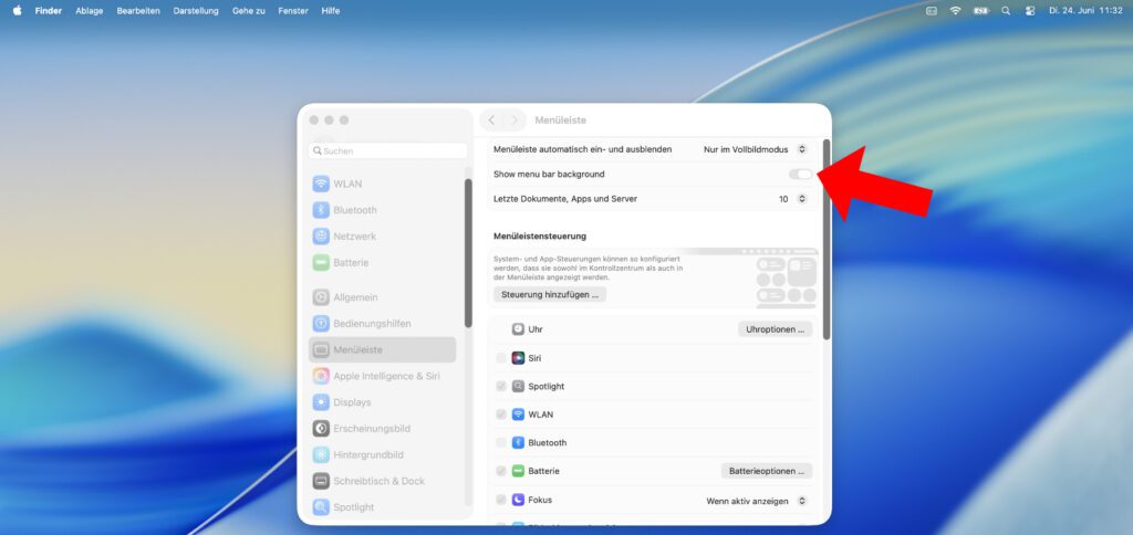 Die neue Funktion hat einen Bug: Klickt man bei deaktiviertem Menüleistenhintergrund auf den Schreibtisch und wird das Systemeinstellungen-Fenster inaktiv, dann springt der Schalter von der "Aus"- auf die "Ein"-Position. Eine Änderung in der Menüleiste zeigt sich aber nicht.